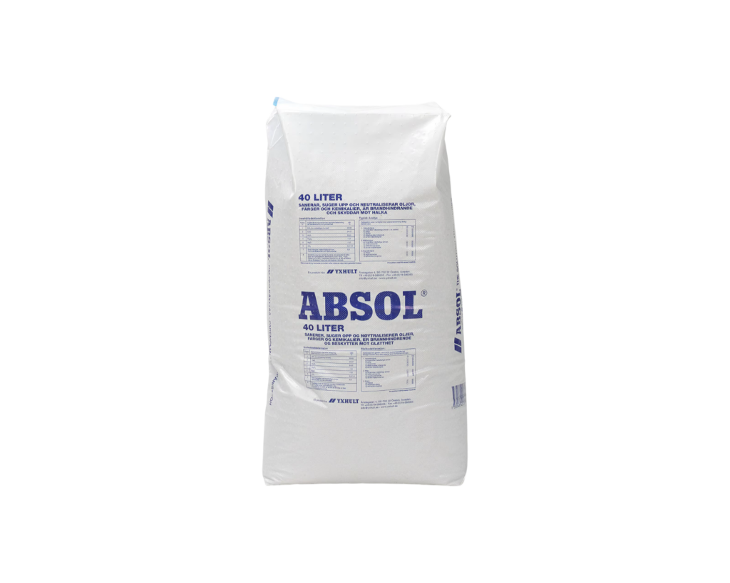 En stor hvid sæk med 40 liter Absol granulat til opsugning af olier og kemikalier, med tekst på svensk og norsk.